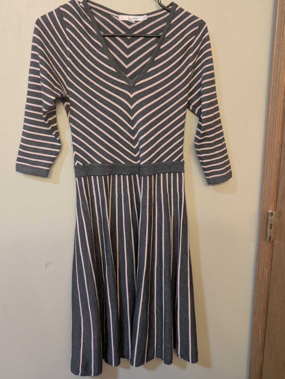 Boden Gray and Pink Striped V‑Neck Midi Dress
